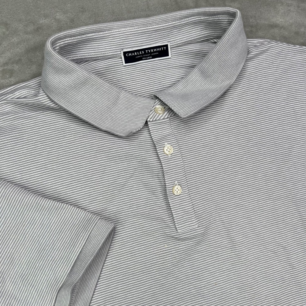 Charles Tyrwhitt Polo Shirt Mens 3XL Grey Striped Cotton Stretch Short Sleeve